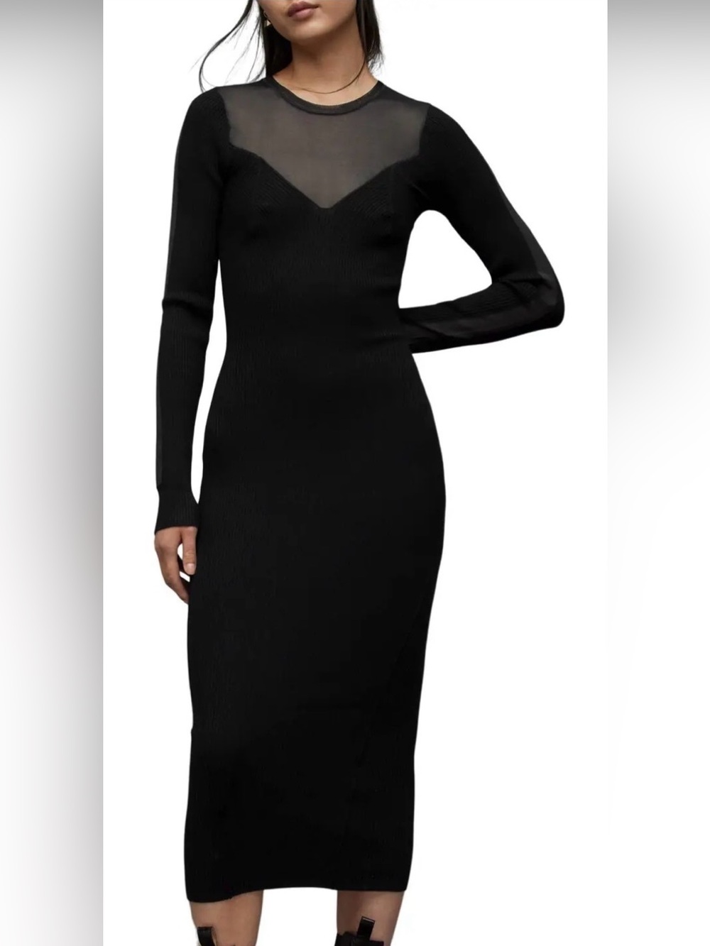 All Saints Flete Long Sleeve Mesh Yoke Bodycon Dress
